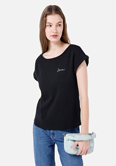 Image de T-shirt À Manches Courtes Noir Regular Fit Imprimé Femme