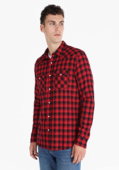 Image de Chemise À Manches Longues Rouge Slim Fit Homme
