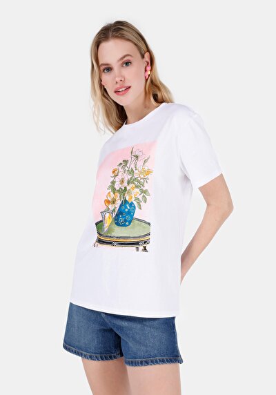 Image de T-shirt À Manches Courtes Blanc Regular Fit Imprimé Femme