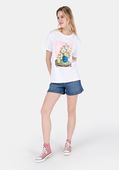 Image de T-shirt À Manches Courtes Blanc Regular Fit Imprimé Femme