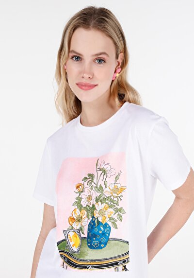 Image de T-shirt À Manches Courtes Blanc Regular Fit Imprimé Femme