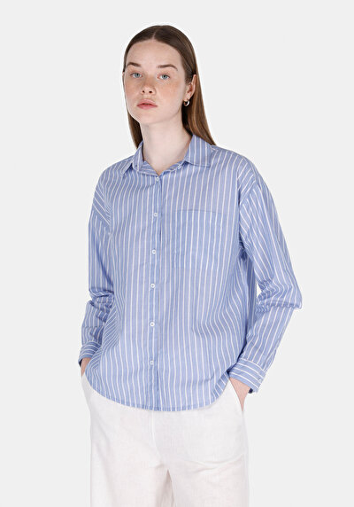 Image de Chemise À Manches Longues Bleu Fashion Fit Rayé Satin Femme
