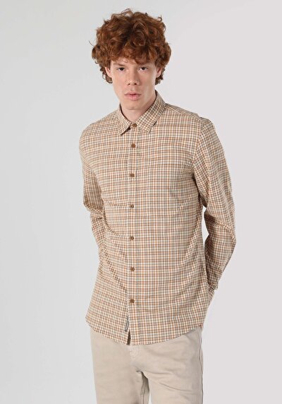 Image de Chemise À Manches Longues Marron Slim Fit Carré Popeline Homme