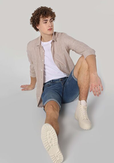 Image de Chemise À Manches Longues Beige Slim Fit Rayé Gabardine Homme