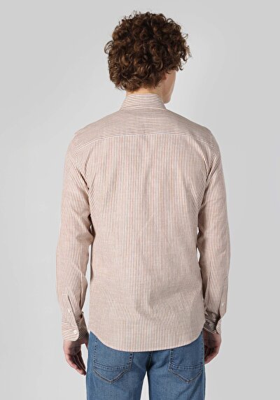 Image de Chemise À Manches Longues Beige Slim Fit Rayé Gabardine Homme