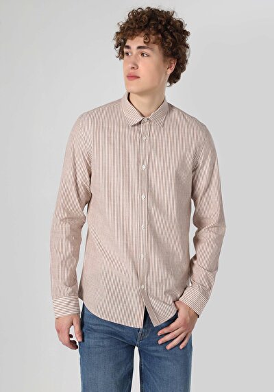 Image de Chemise À Manches Longues Beige Slim Fit Rayé Gabardine Homme