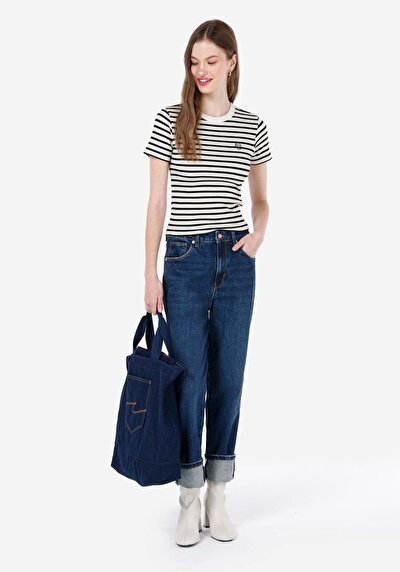 Image de T-shirt À Manches Courtes Noir Slim Fit Rayé Femme