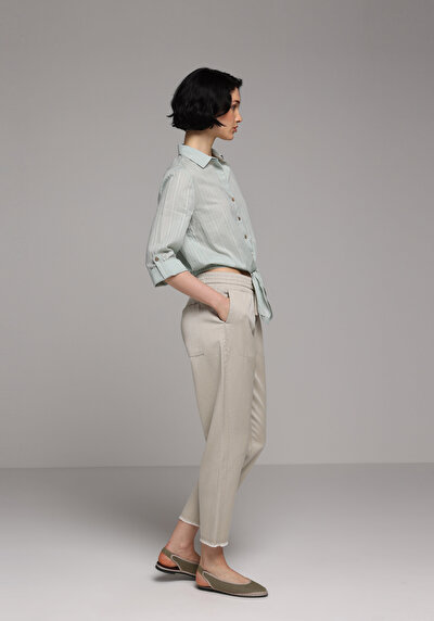 Image de Pantalon Blanc Straight Leg High Rise En Sergé Regular Fit Femme
