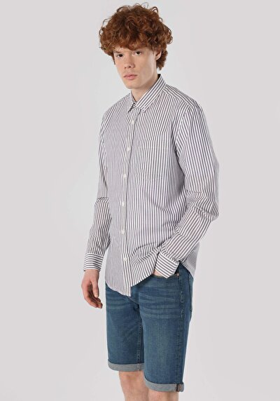 Image de Chemise À Manches Longues Blanc Slim Fit Rayé Oxford Homme