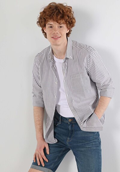 Image de Chemise À Manches Longues Blanc Slim Fit Rayé Oxford Homme