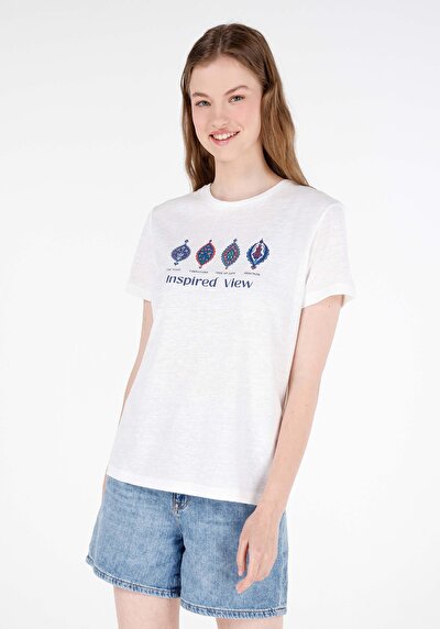 Image de T-shirt À Manches Courtes Blanc Regular Fit Imprimé Femme