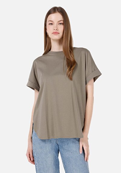 Image de T-shirt À Manches Courtes Kaki Regular Fit Droit Femme