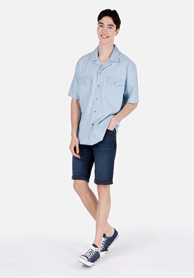 Image de Chemise À Manches Courtes Bleu Droit Oversize Fit Homme