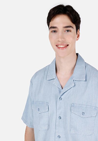 Image de Chemise À Manches Courtes Bleu Droit Oversize Fit Homme