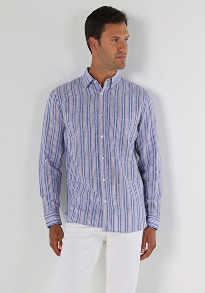 Image de Chemise À Manches Longues Bleu Regular Fit Rayé Lin Homme