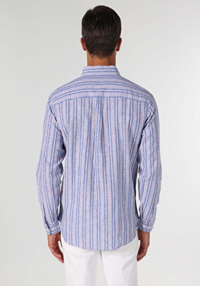 Image de Chemise À Manches Longues Bleu Regular Fit Rayé Lin Homme