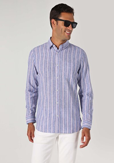 Image de Chemise À Manches Longues Bleu Regular Fit Rayé Lin Homme