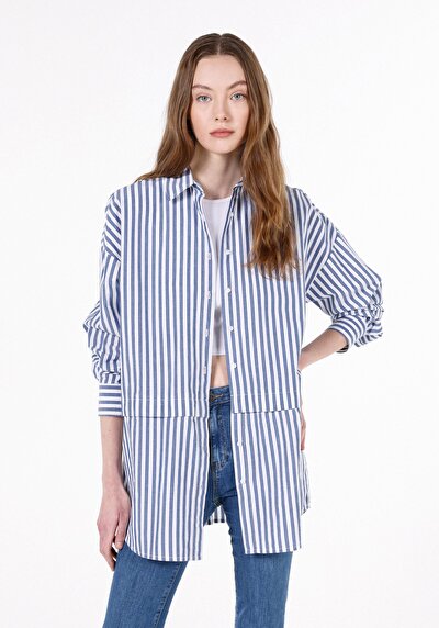Image de Chemise À Manches Longues Bleu Relax Fit Rayé Popeline Femme