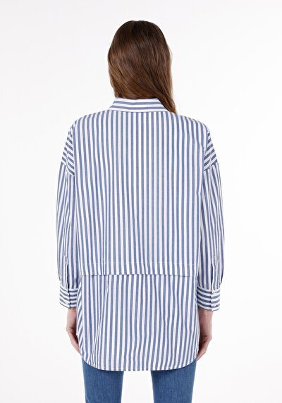 Image de Chemise À Manches Longues Bleu Relax Fit Rayé Popeline Femme