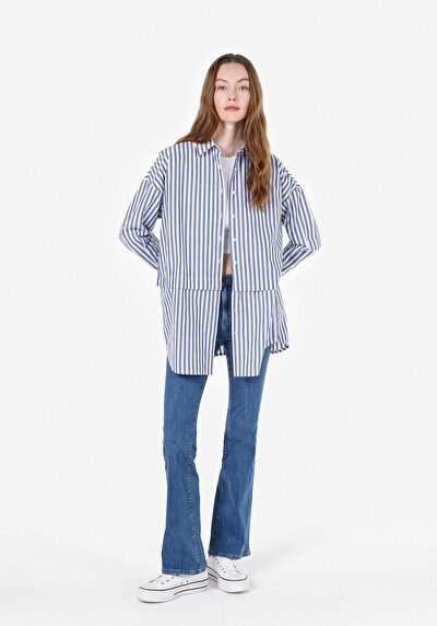 Image de Chemise À Manches Longues Bleu Relax Fit Rayé Popeline Femme