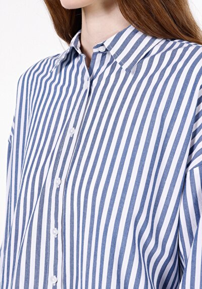 Image de Chemise À Manches Longues Bleu Relax Fit Rayé Popeline Femme