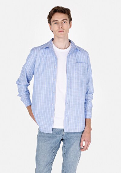 Image de Chemise À Manches Longues Bleu Regular Fit Rayé Oxford Homme