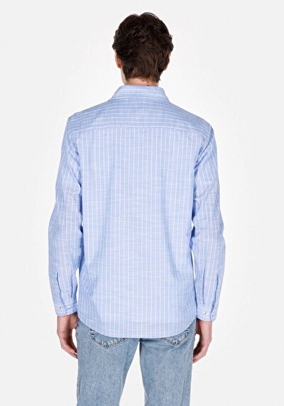 Image de Chemise À Manches Longues Bleu Regular Fit Rayé Oxford Homme