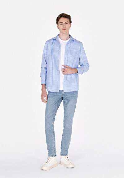 Image de Chemise À Manches Longues Bleu Regular Fit Rayé Oxford Homme