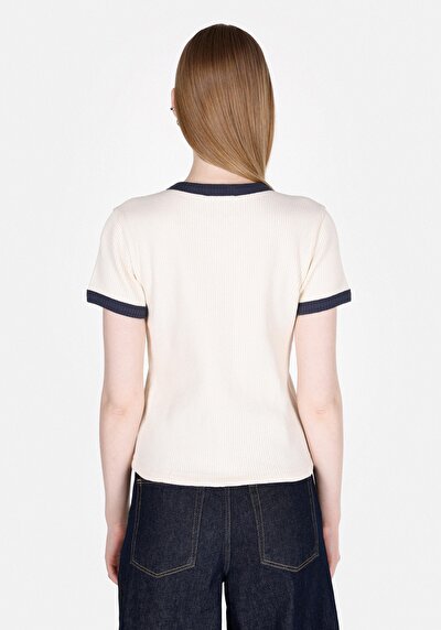 Image de T-shirt À Manches Courtes Ecru Slim Fit Brodé Femme