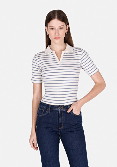 Image de Chemise Polo À Manches Courtes Bleu Rayé Slim Fit Femme