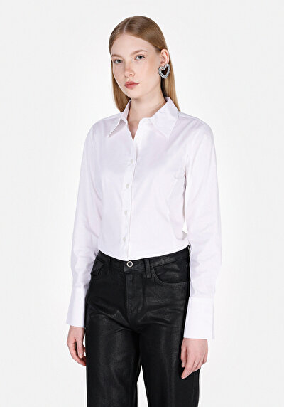 Image de Chemise À Manches Longues Blanc Slim Fit Droit Uni Femme