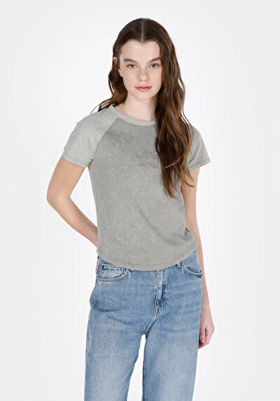 Image de T-shirt À Manches Courtes Kaki Slim Fit Brodé Femme