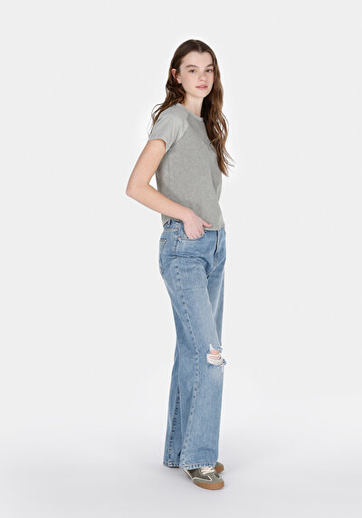 Image de T-shirt À Manches Courtes Kaki Slim Fit Brodé Femme