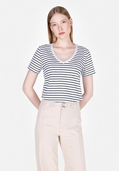 Image de T-shirt À Manches Courtes Marine Regular Fit Rayé Femme