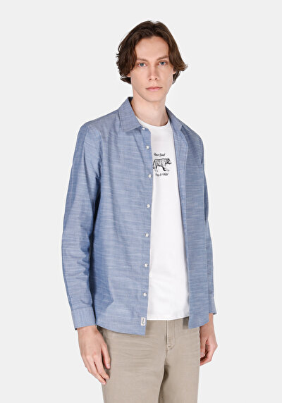 Image de Chemise À Manches Longues Bleu Regular Fit Droit Oxford Homme
