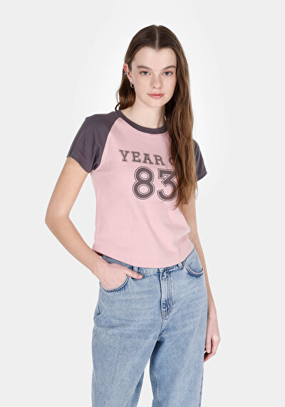 Image de T-shirt À Manches Courtes Rose Slim Fit Imprimé Femme