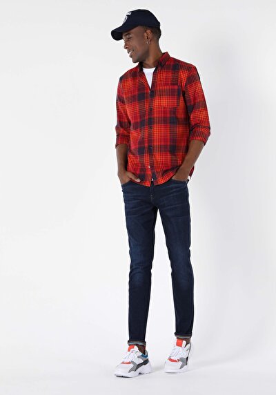 Image de Chemise À Manches Longues Rouge Slim Fit Homme