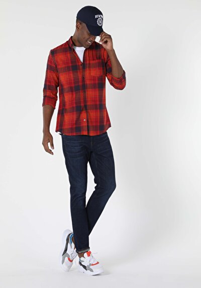 Image de Chemise À Manches Longues Rouge Slim Fit Homme