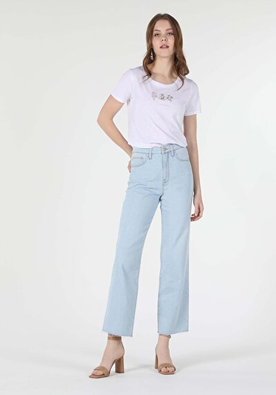 Image de 970 Berry Pantalon Bleu Clair Wide Leg  En  Regular Fit Femme