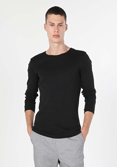 Image de T-shirt À Manches Longues Noir Slim Fit Homme