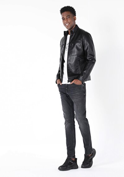 Afficher les détails de Veste Pu Noir   Slim Fit Homme