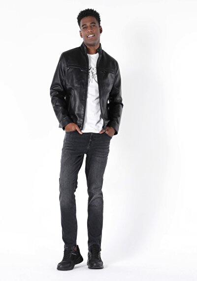 Afficher les détails de Veste Pu Noir   Slim Fit Homme