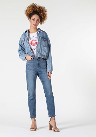 Image de 896  Maria Pantalon Bleu Tapered Leg  En  Mom Fit Femme