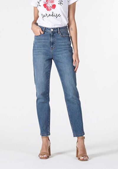 Image de 896  Maria Pantalon Bleu Tapered Leg  En  Mom Fit Femme