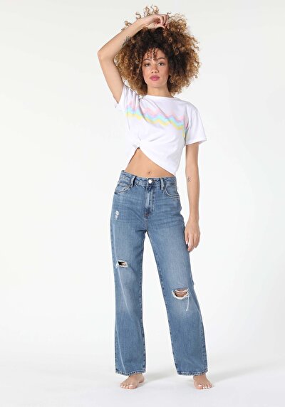 Image de 970 Berry Pantalon Denim Wide Leg En Regular Fit Femme