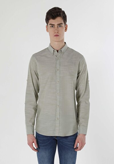 Image de Chemise À Manches Longues Vert Regular Fit Droit Popeline Homme