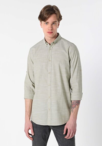Image de Chemise À Manches Longues Vert Regular Fit Droit Popeline Homme