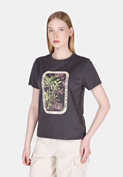 Image de T-shirt À Manches Courtes Anthracite Regular Fit Imprimé Femme