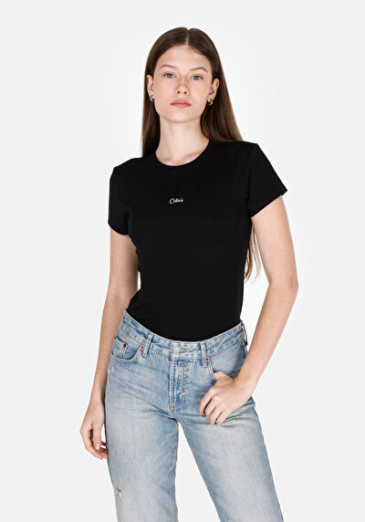 Image de T-shirt À Manches Courtes Noir Slim Fit Imprimé Femme