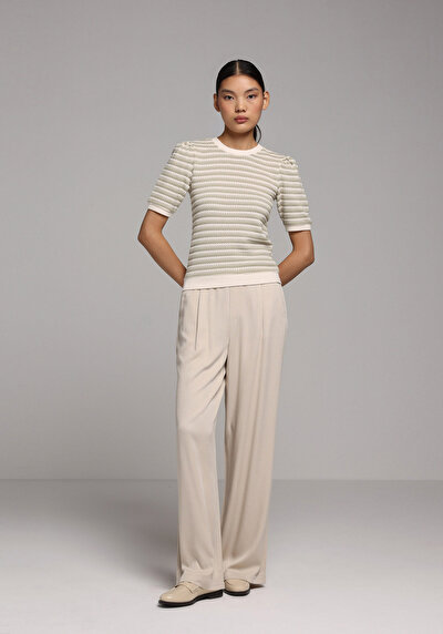 Image de Pantalon Beige Straight Leg High Rise En Sergé Regular Fit Femme